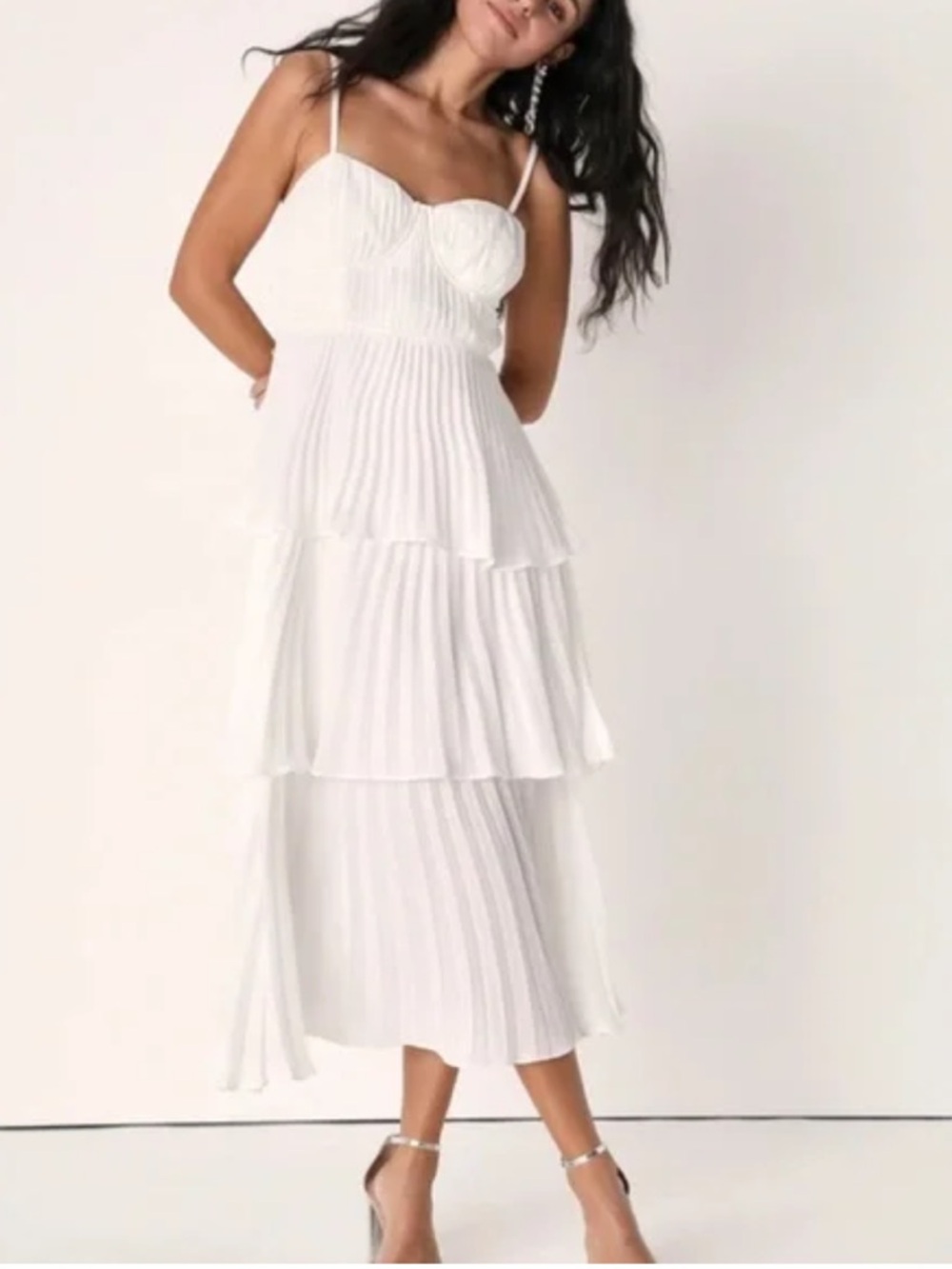 Lulu’s Cascading Crush White Tiered Bustier Midi Dress Medium NWT